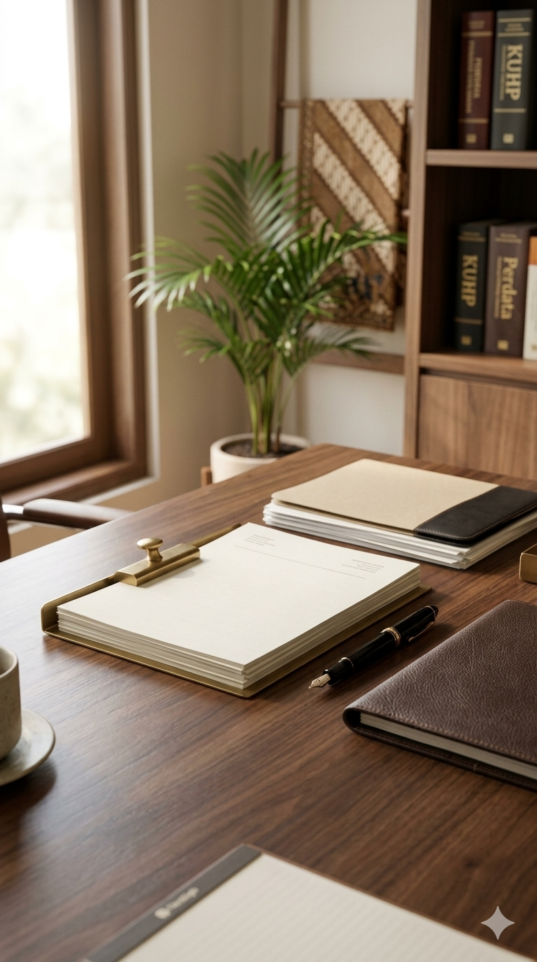 Desk with legal reference books and a notepad in the Torrisi Legal office