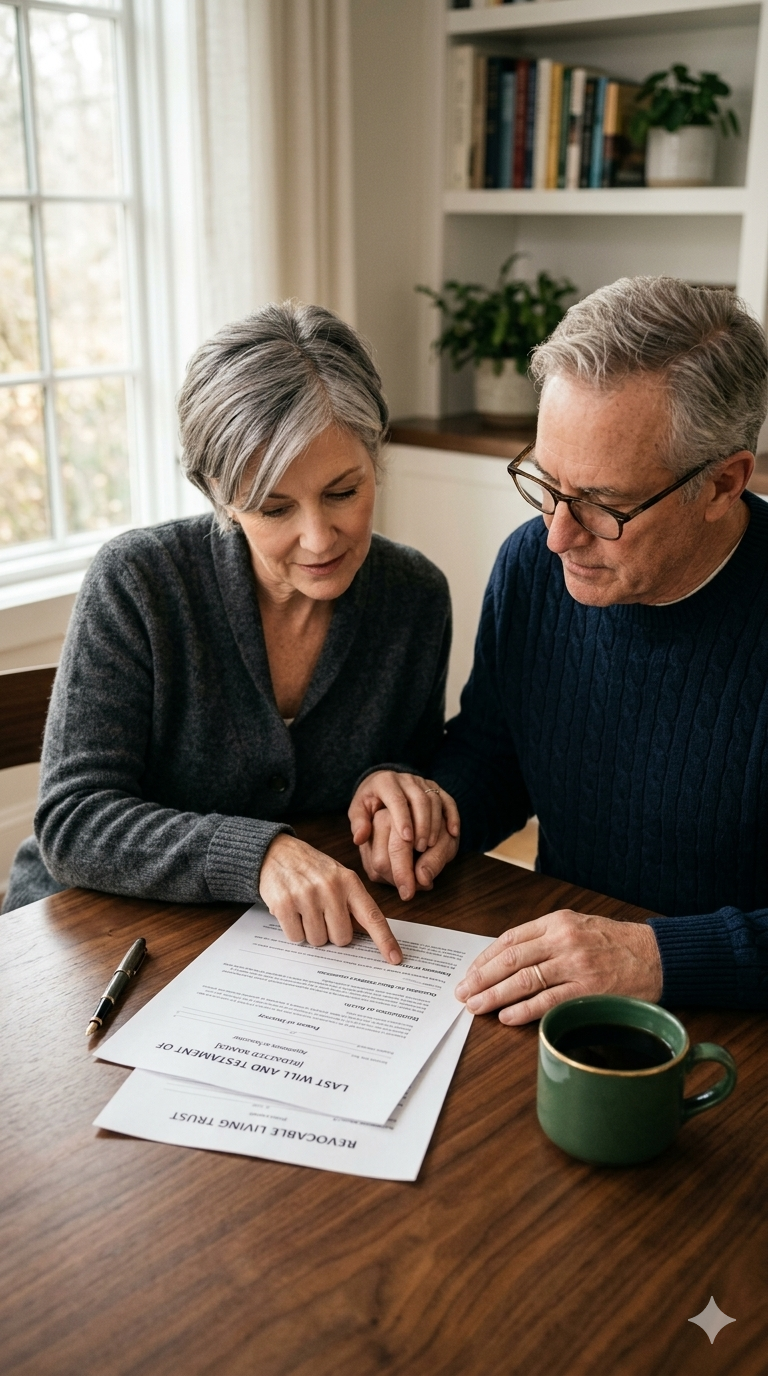 An elderly couple reviewing their last will and testament together at home